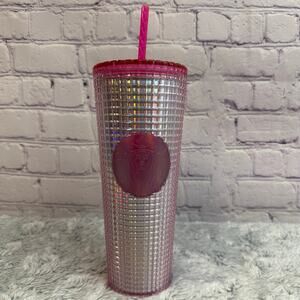 Starbucks Venti 2023 Iridescent Bubble Gum Pink Textured Grid Gold Cup 24oz